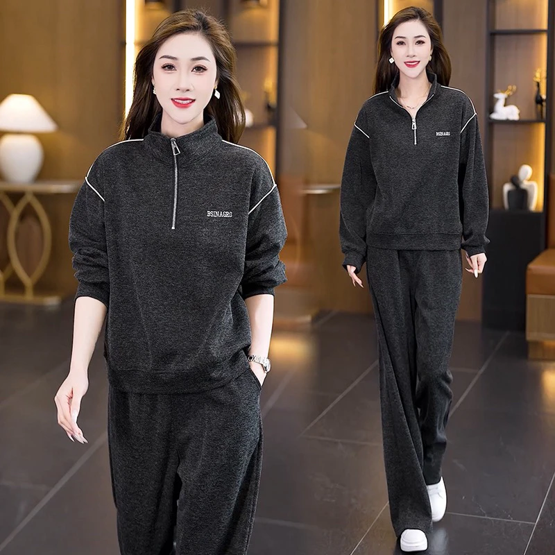 休闲套装2025春季新款时尚气质大码女装立领卫衣阔腿裤两件套