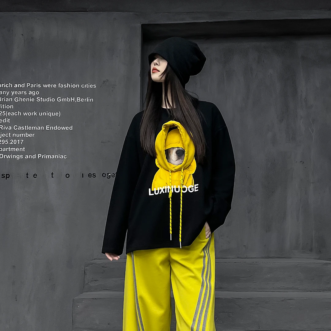 多福猫潮牌时尚设计感黑色欧货套头卫衣女早秋新款宽松长袖上衣