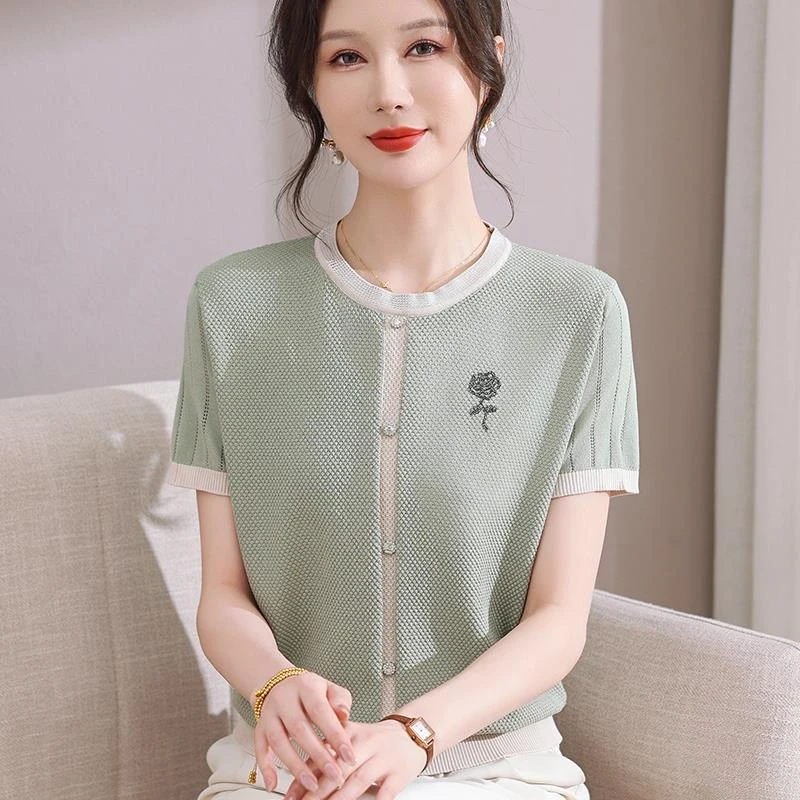 恒源祥彩羊中年女装夏季宽松T恤纯色洋气上衣妈妈夏装新款圆领针