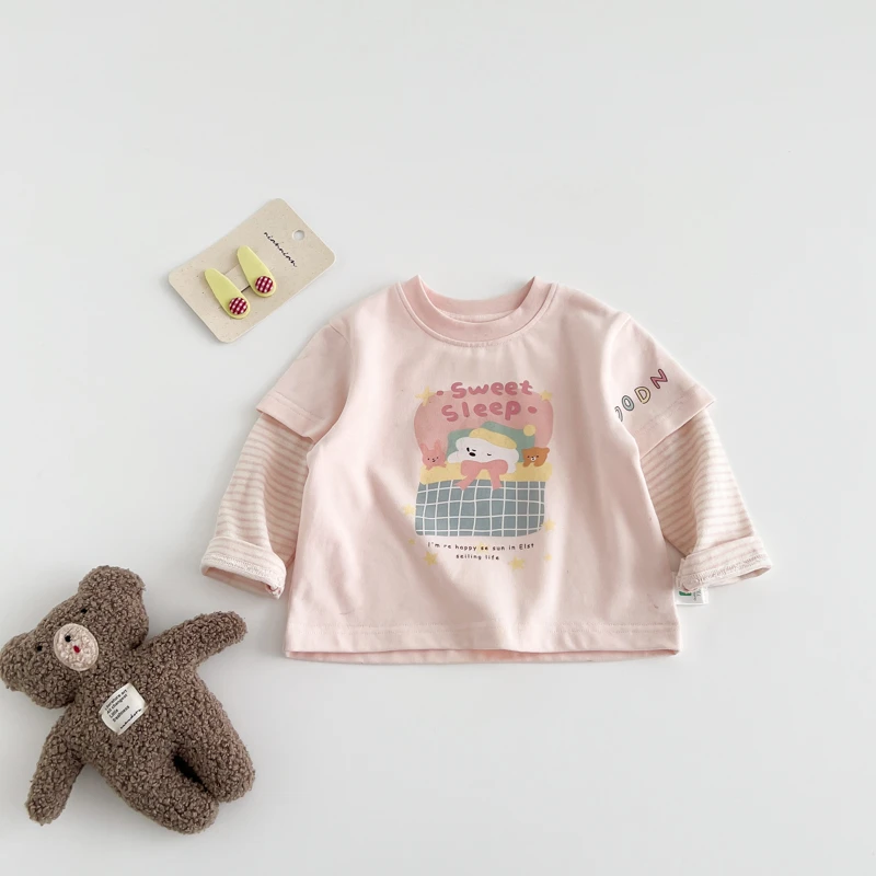 叭啦妈咪女童长袖T恤2025秋装新款儿童洋气假两件T恤潮HQM5017