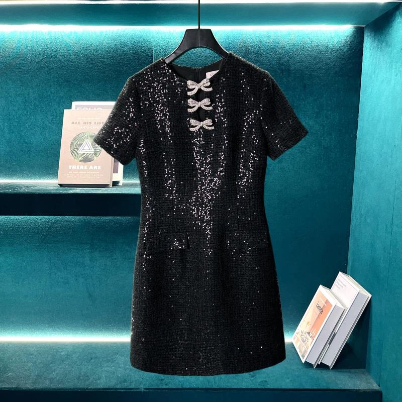 【CENFUN】378*轻奢黑色v领闪钻短袖连衣裙E021196