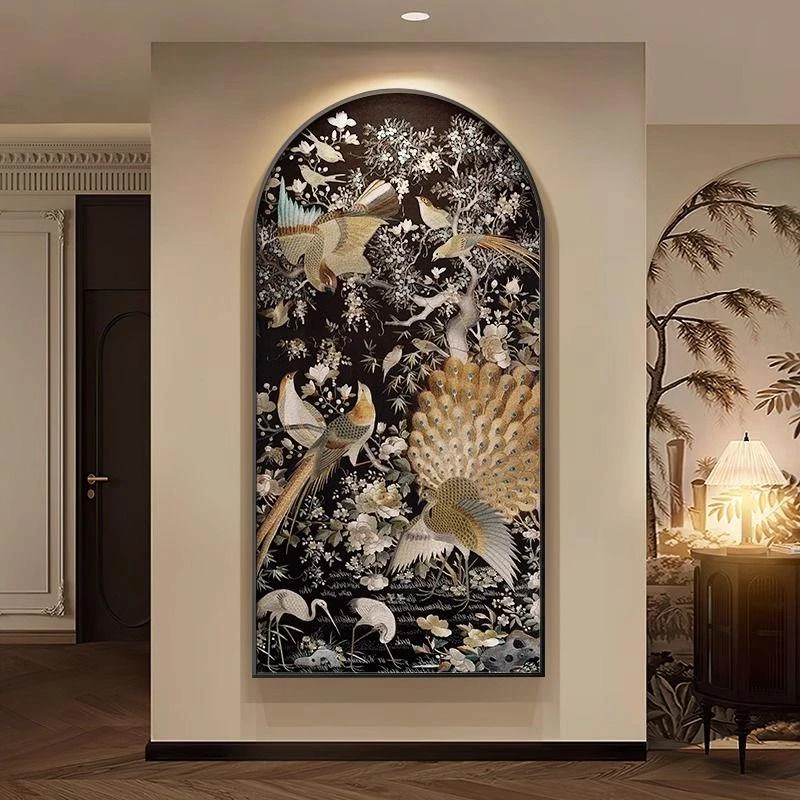 法式中古风玄关装饰画复古花鸟走廊过道拱形挂画高级感正对门壁画