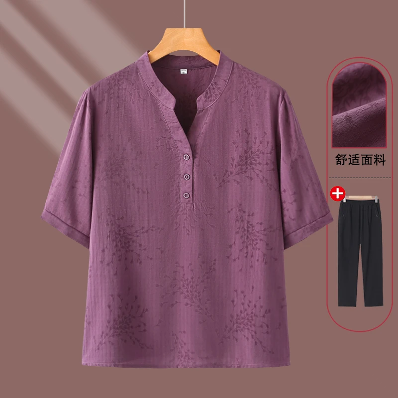 妈妈装夏装衬衫中袖立领套头t恤洋气中老年女装夏季宽松遮肉上衣