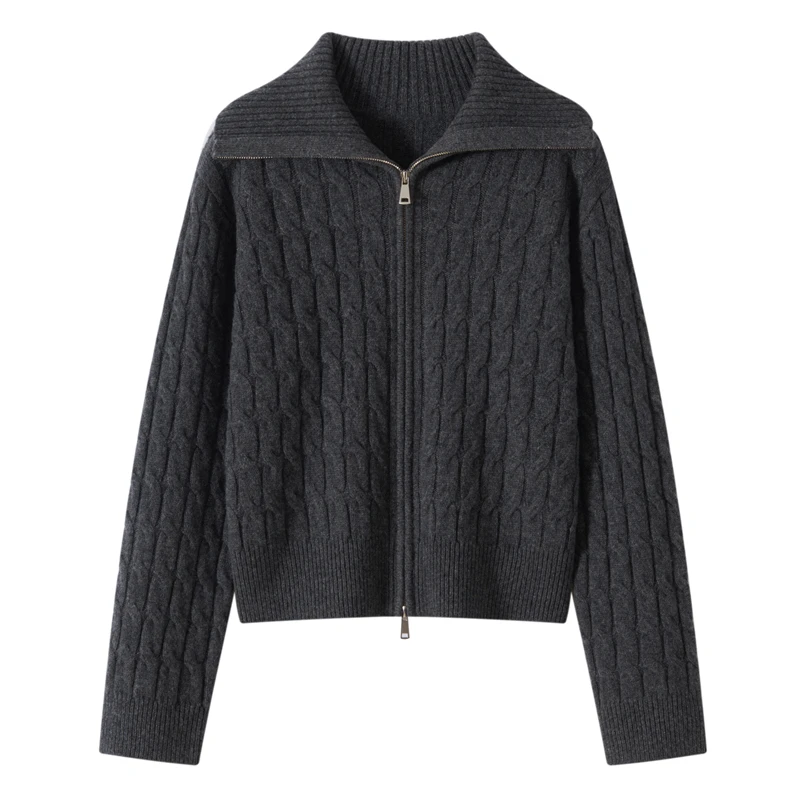 秋冬新款羊毛显瘦高领毛衣外套女加厚拉链针织开衫韩版短款羊毛衫