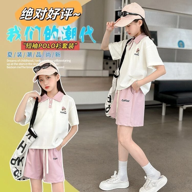 女童中大童插色polo领休闲套装时髦洋气春夏薄款短袖短裤两件套潮