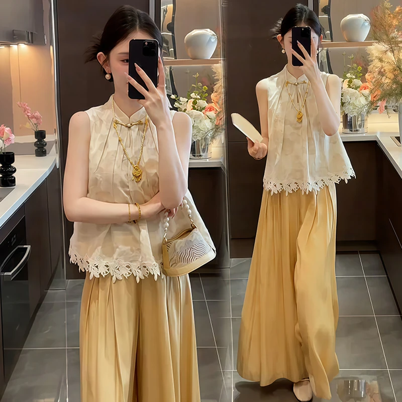 小个子中式国风套装女2025年夏季新款减龄无袖上衣阔腿裤两件套潮