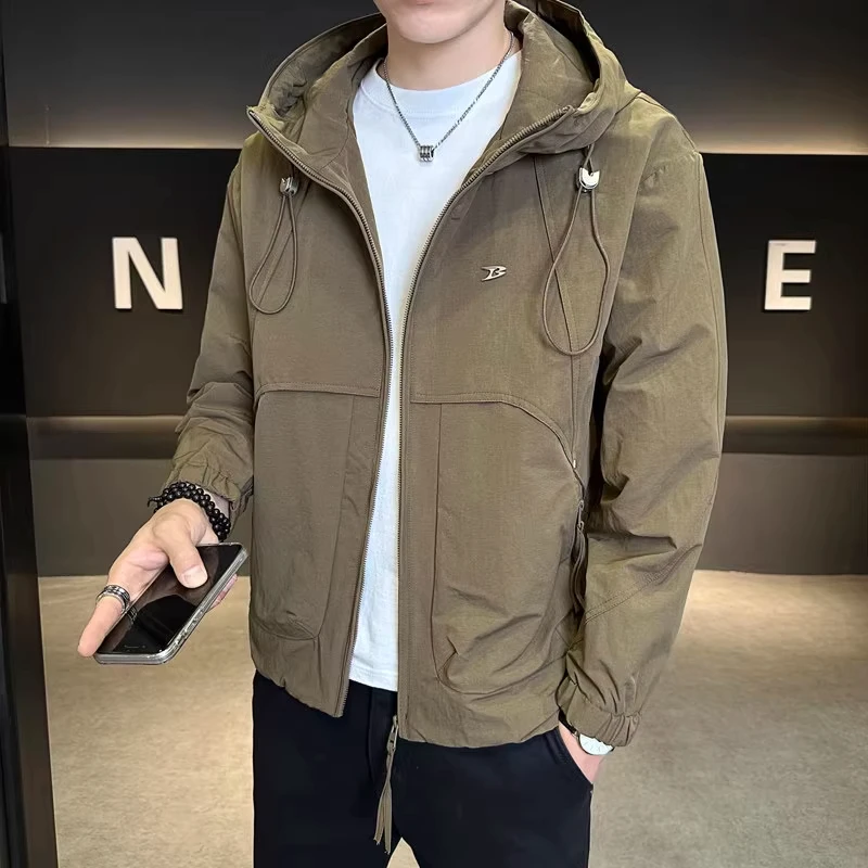 轻奢痞帅男装春秋新款复古美式简约潮牌高街连帽开衫休闲夹克衫男