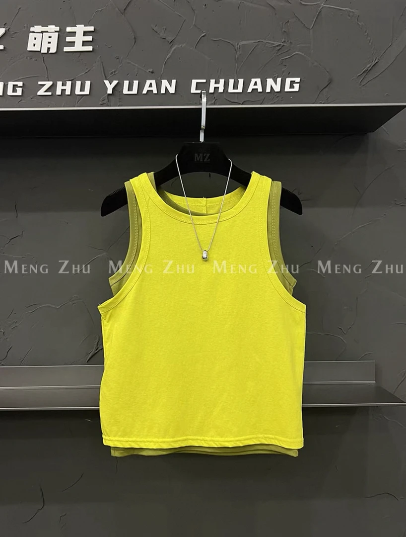 高端欧货夏季新款休闲时尚百搭U领吊带背心女外穿打底两件套上衣