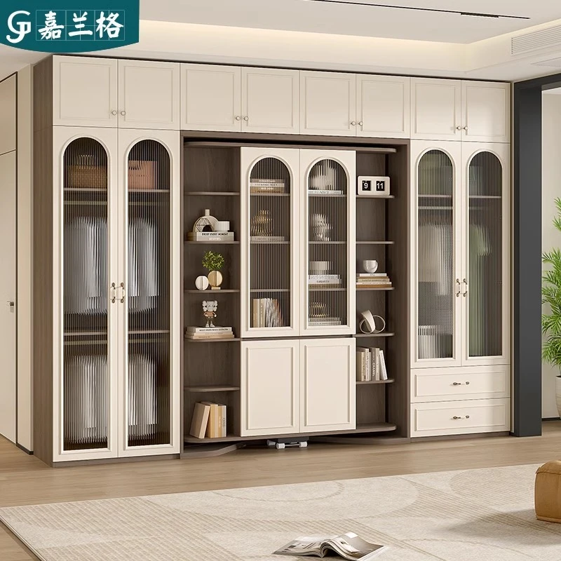 中古风旋转隐形床折叠床衣柜一体组合双人下翻壁床隐藏床柜9CH39