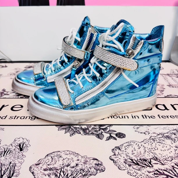 95新 Givenchy/纪梵希 Gz闪钻高帮蓝色漆皮高帮运动鞋37码ysc0527
