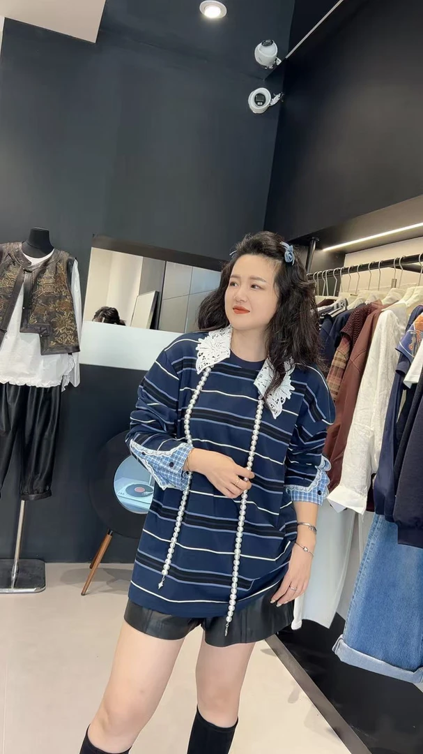 168欧韩集合店|【七折】蕾丝领拼接条纹上衣，解锁精致时髦L3707A