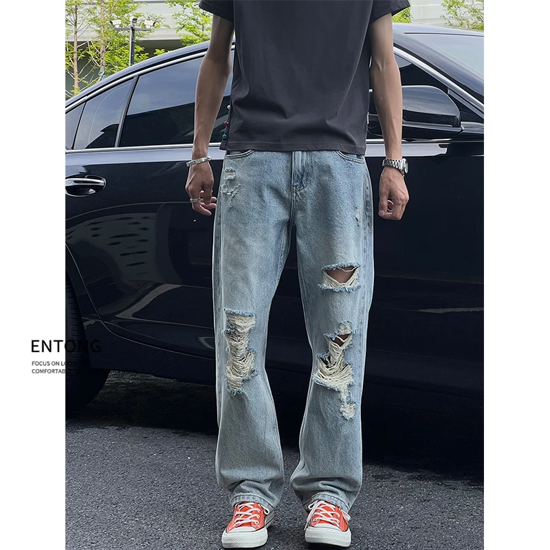 Entong美式潮牌宽松街头乞丐破洞牛仔裤男生微喇薄款水洗直筒裤子