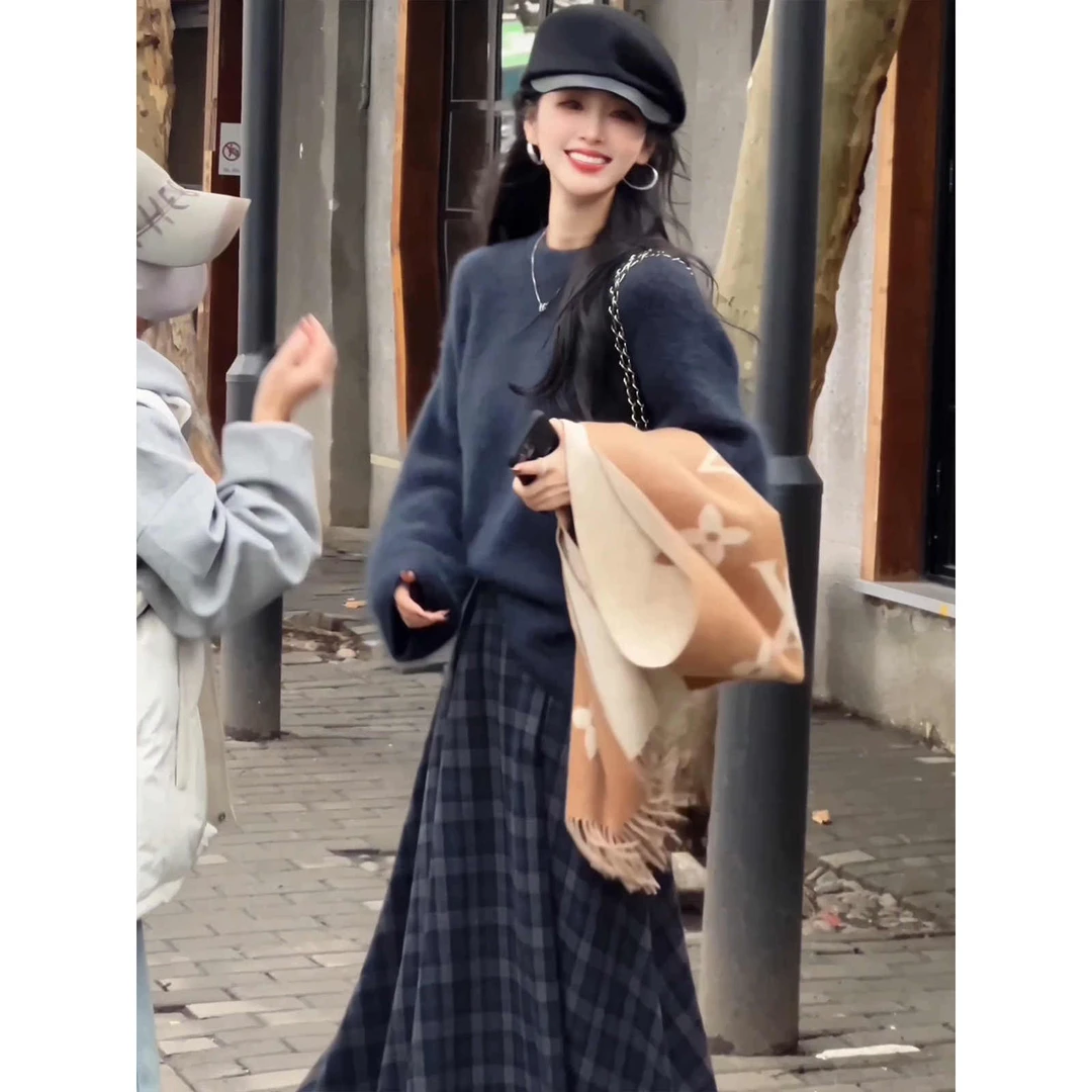 秋冬女新款针织毛衣女装格子半身裙子绝美韩系高级感穿搭一整套装