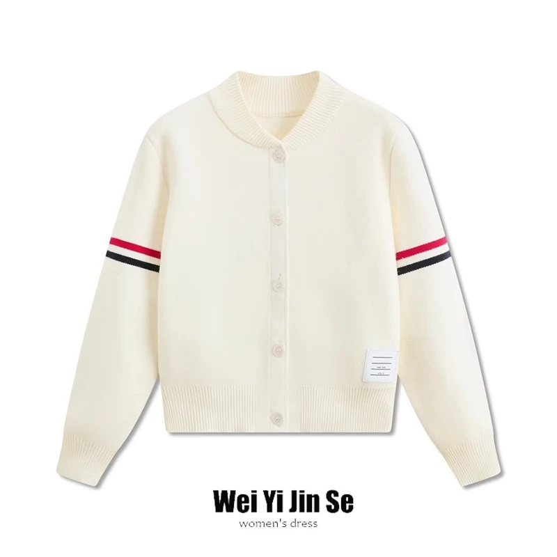 设计感双袖撞色条纹立领针织开衫女气质上衣短外套棒球服