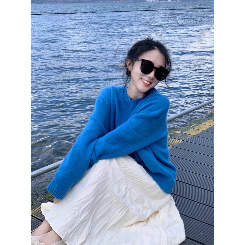 克莱因蓝套头圆领毛衣女秋冬慵懒风时尚毛针织衫宽松保暖外穿