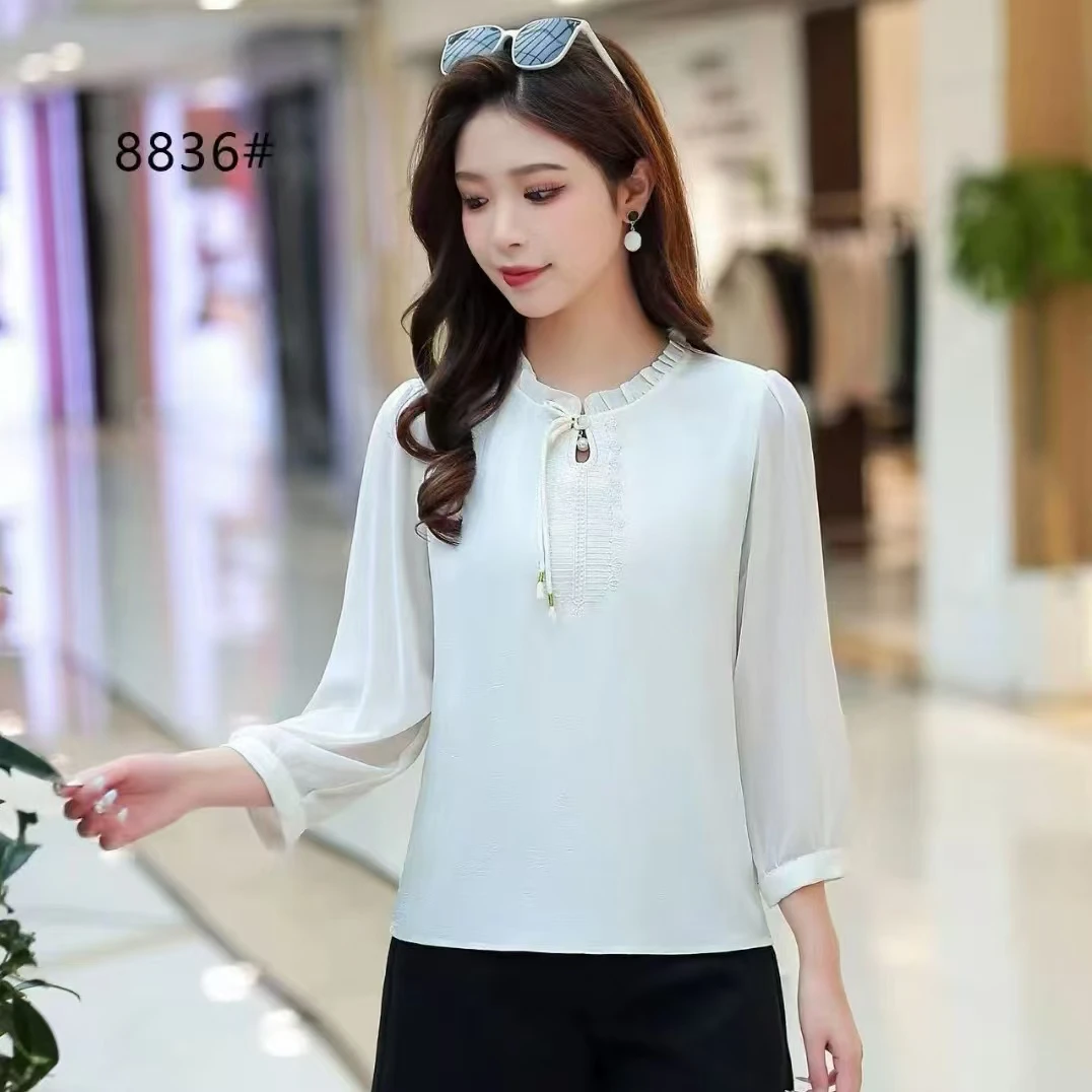 【F3389】缎面衬衫女夏季新款时尚百搭中式国风刺绣上衣