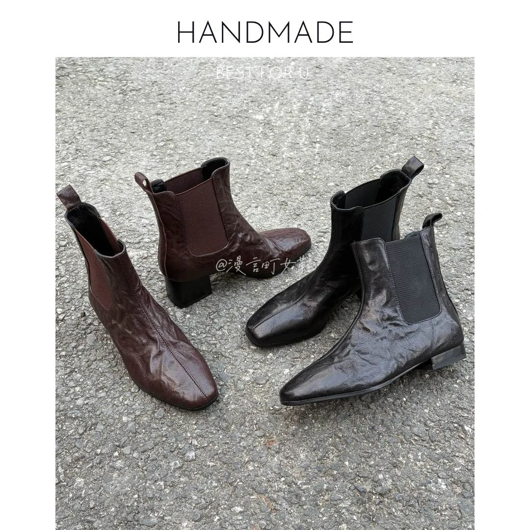 漫言町2/5cm头层羊皮圆头法式松紧口粗跟短靴平底百搭切尔西靴女