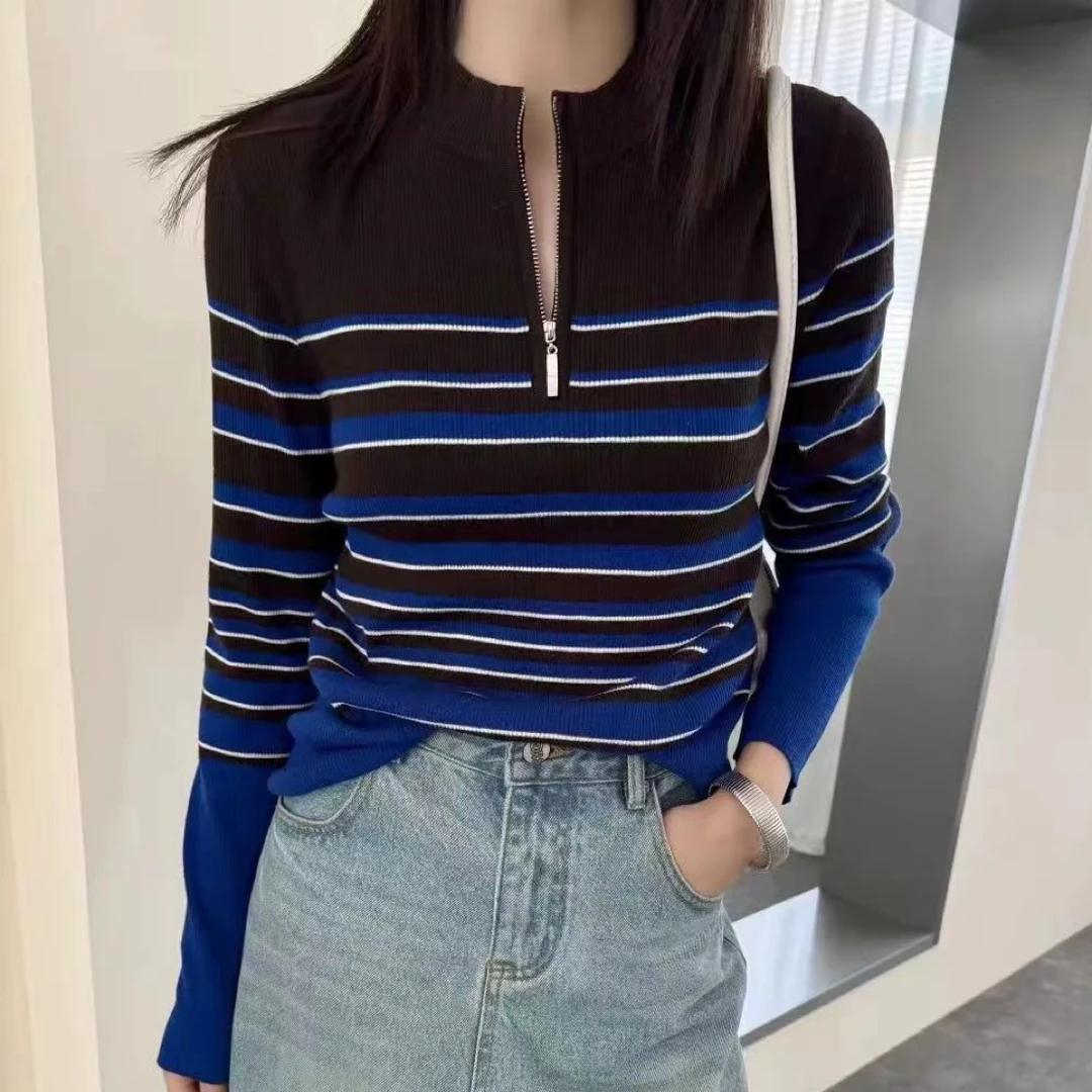 针织条纹薄款拼色秋季女毛针织衫上衣休闲套头时尚