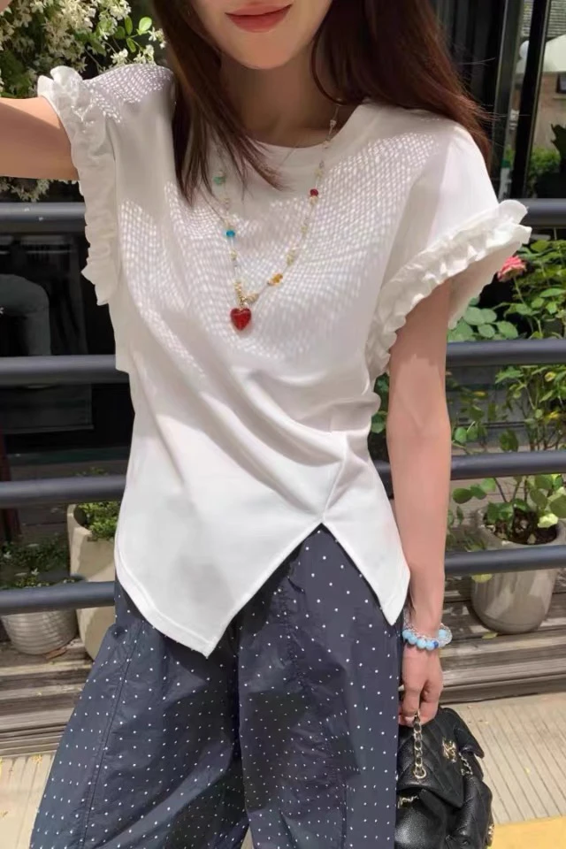 欧洲站短袖T恤女2025年夏季新品木耳边后背系绳不规则开叉上衣
