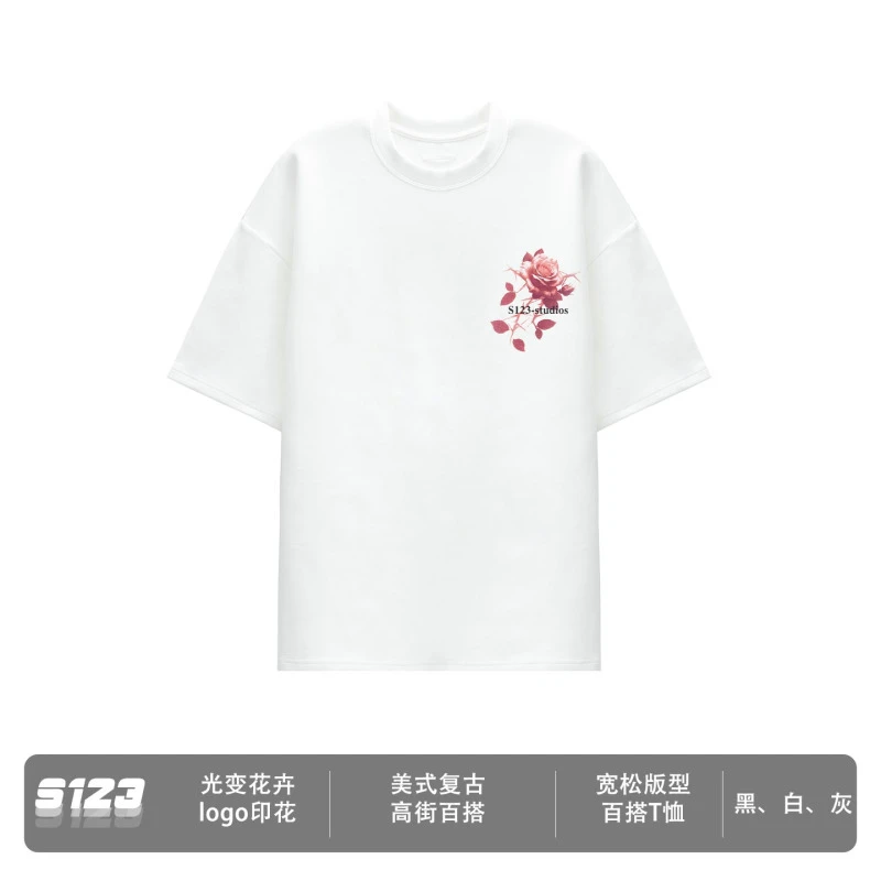S123 夏季新款短袖男女同款宽松百搭光变花卉logo印花半袖T恤上衣