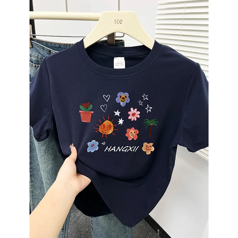 小众正肩短袖T恤女夏季新款圆领设计感创意印花显瘦独特小上衣潮