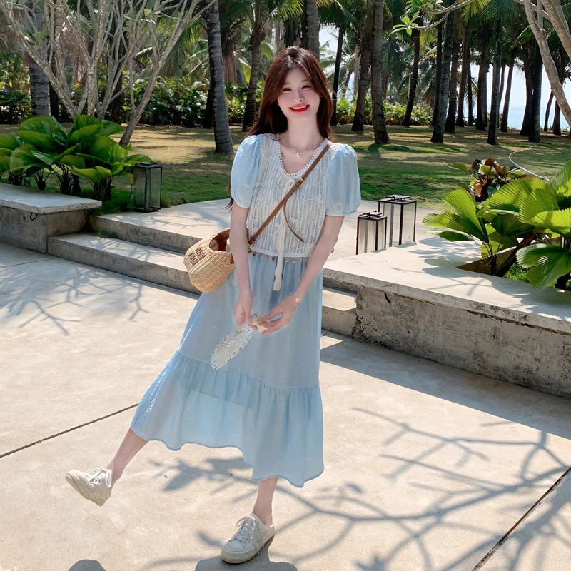 蓝色超仙海边度假风连衣裙女2025夏季新款温柔假两件设计感a字裙