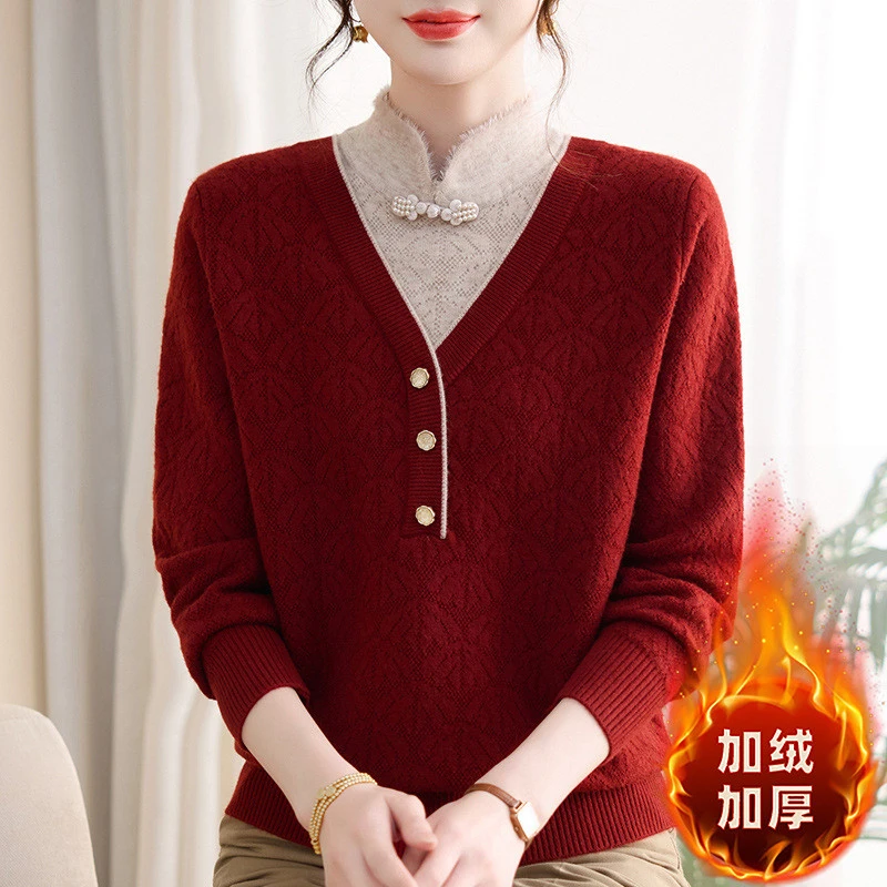 妈妈新款洋气假两件毛衣中老年人加绒加厚毛衣秋冬时尚针织衫