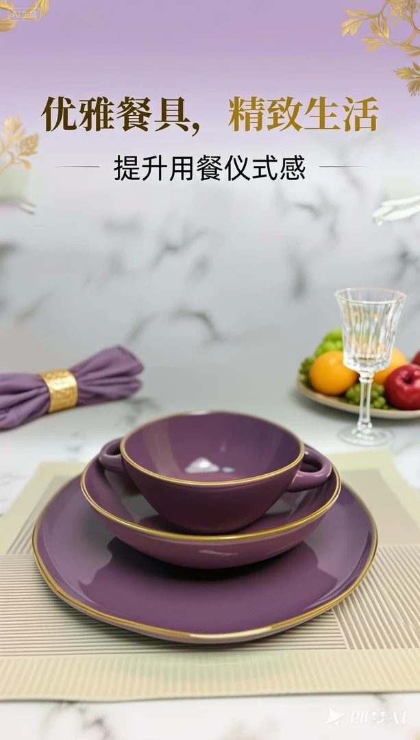 425默认微瑕紫色异形陶瓷绿色高档家用碗3套装餐盘餐具
