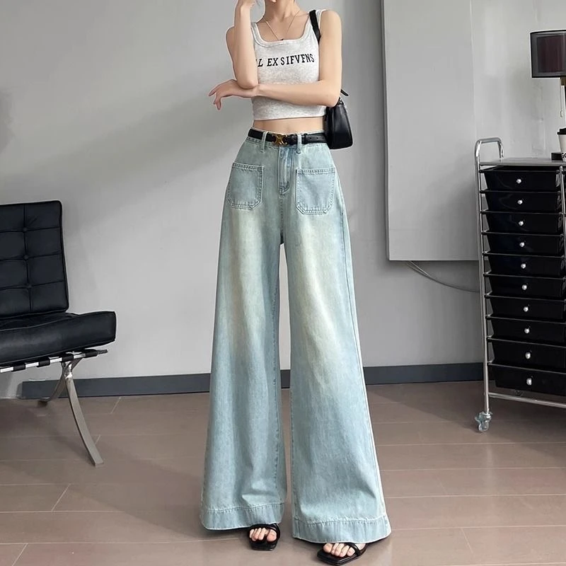 夏款时尚牛仔裤高腰显瘦拖地宽松百搭拖地阔腿裤软牛仔