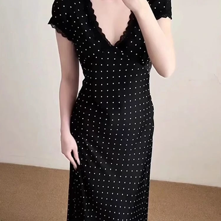 哥弟阿玛施正品夏季法式复古蕾丝高级新款波点连衣裙收腰气质显瘦