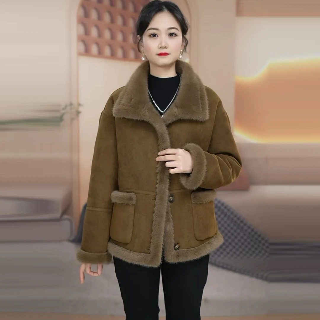 时尚洋气加绒加厚皮毛一体外套女2025冬季新款显瘦减龄立领外套潮