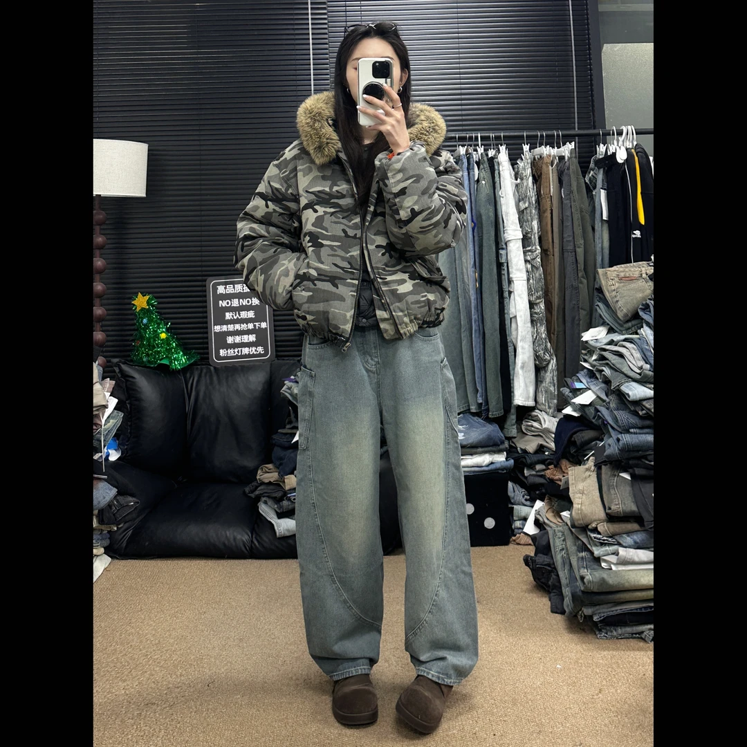 立体裁剪美式复古水洗宽松明线弯刀牛仔裤