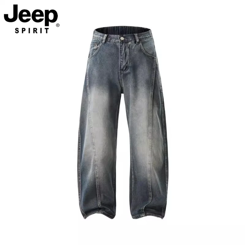 JEEPSPIRIT吉普弯刀牛仔裤潮牌美式拼接做旧设计秋季男生痞帅长裤