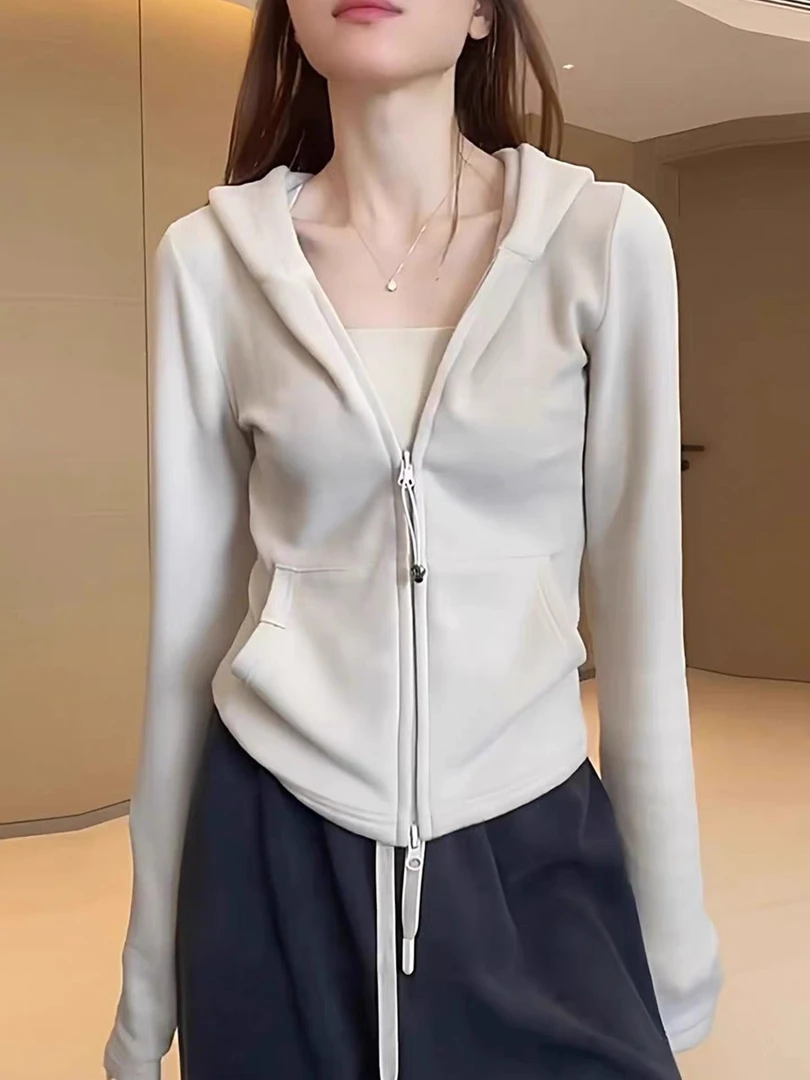 双面德绒打底衫女可外穿秋冬新款双拉链开衫外套修身连帽卫衣内搭