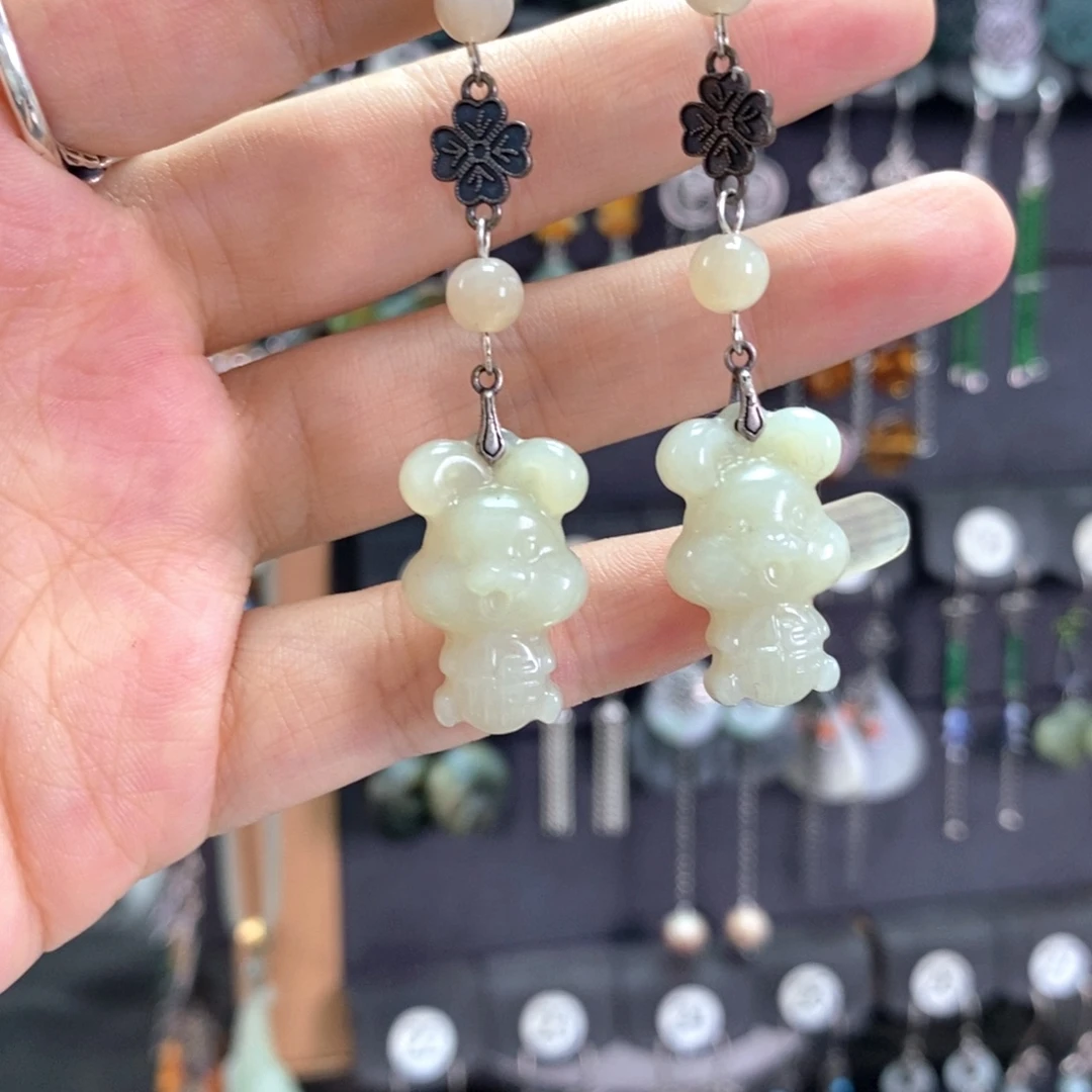 白***n银S925镶嵌和田玉耳饰X28