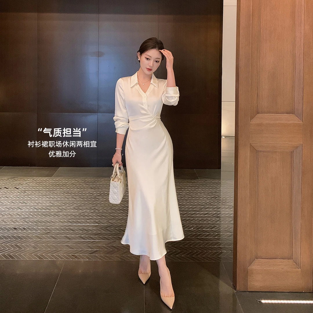 林关关【缎光流韵】优雅知性捏褶鱼尾衬衫连衣长裙温柔大方裙子女