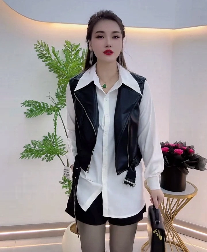 974春季韩系复古时尚潮流百搭精品女装衬衫马甲短裤洋气三件套