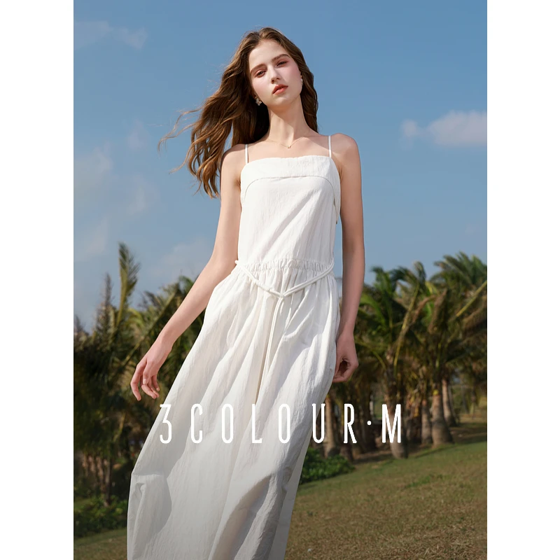 三彩2025春季新款无袖吊带裙小白裙连衣裙A字长裙清新M