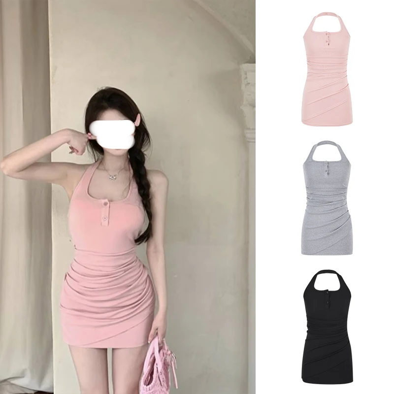 Moses Queen/魔西女王夏日绝美无袖挂脖吊带连衣裙包臀性感长裙