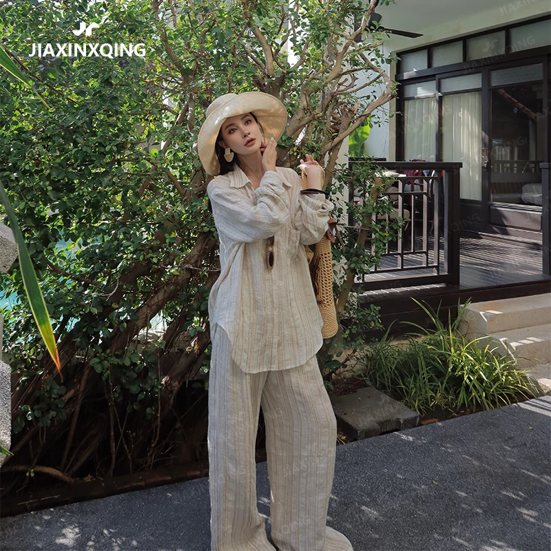 JIAXINXQING白色条纹衬衫套装柔软宽松修身春夏弹力原创设计款