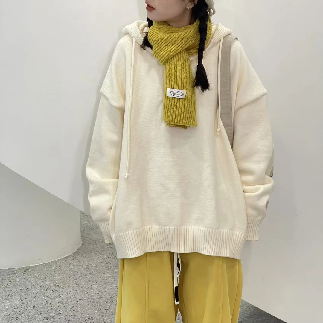 新款时尚文艺风百搭宽松套头连帽针织毛衣0060