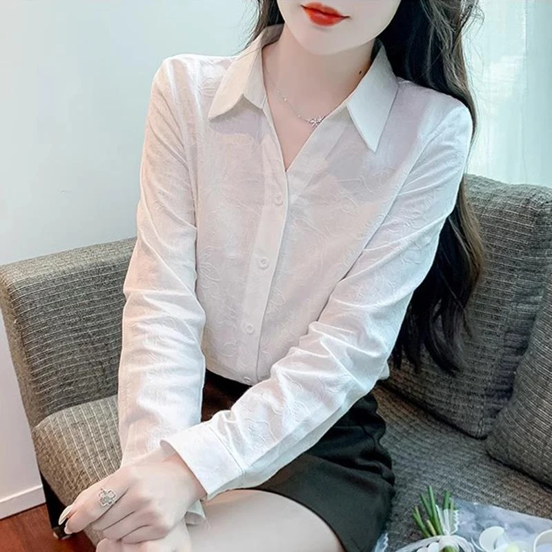 2025秋季新款V领提花纯棉衬衫女长袖高级感轻奢洋气百搭棉麻上衣