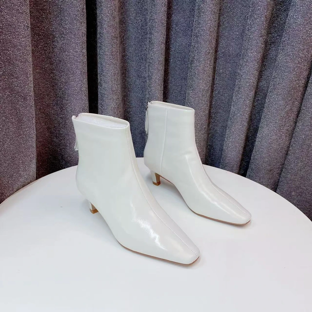 C5098 米白色  时尚方头气质细跟真皮时装女短靴