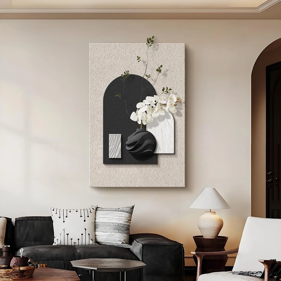 玄关装饰画入户正对门挂画黑白走廊过道绿植肌理立体客厅发光画