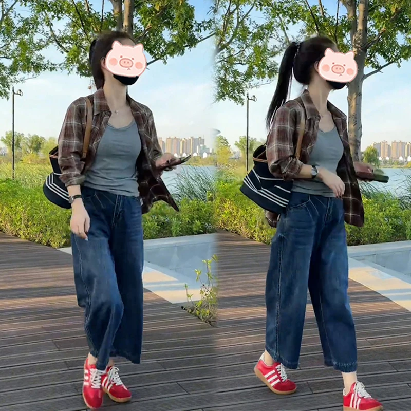 2025新款韩版格子衬衫女士春秋新款格子衬衫衬衣搭配简约直筒裤