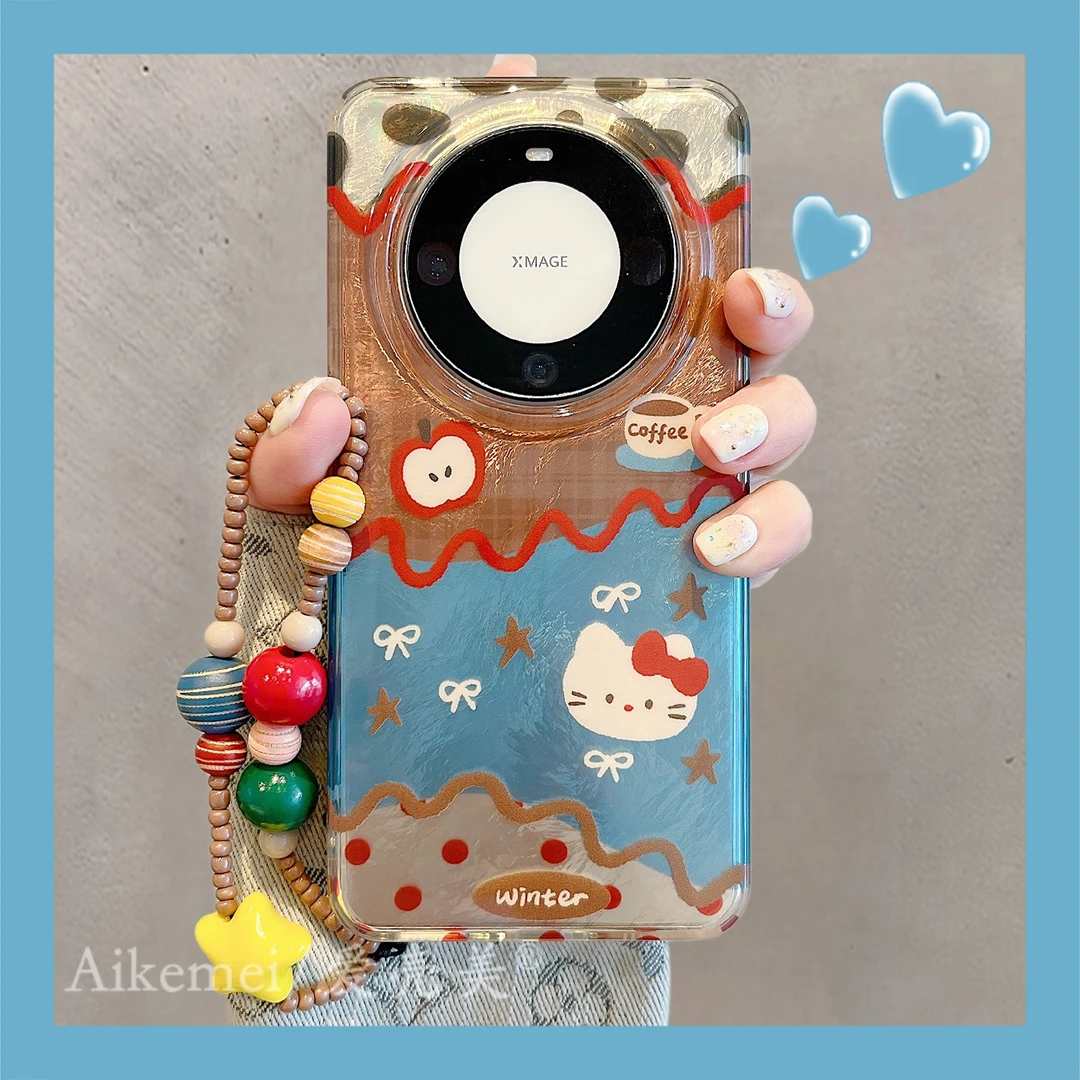 适用华为mate70pro+手机壳蓝棕锡纸纹Mate60pro+拼接苹果kt猫链条