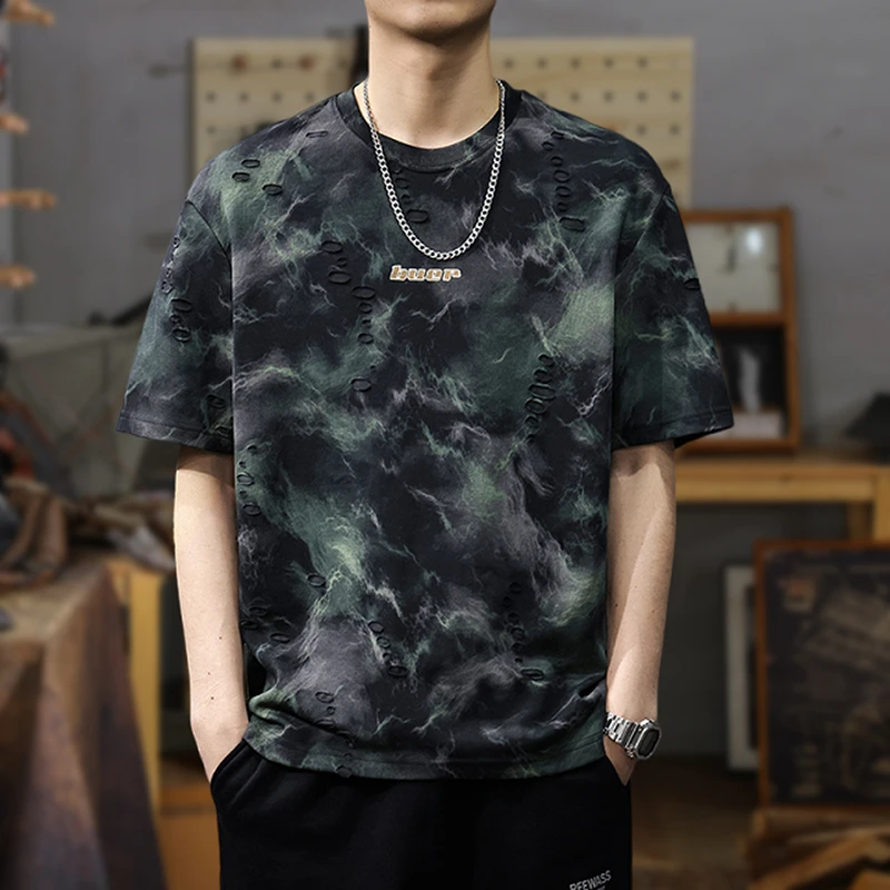 MR.MUDI/穆迪先生潮流设计感假破洞短袖t恤男宽松休闲夏季高级感