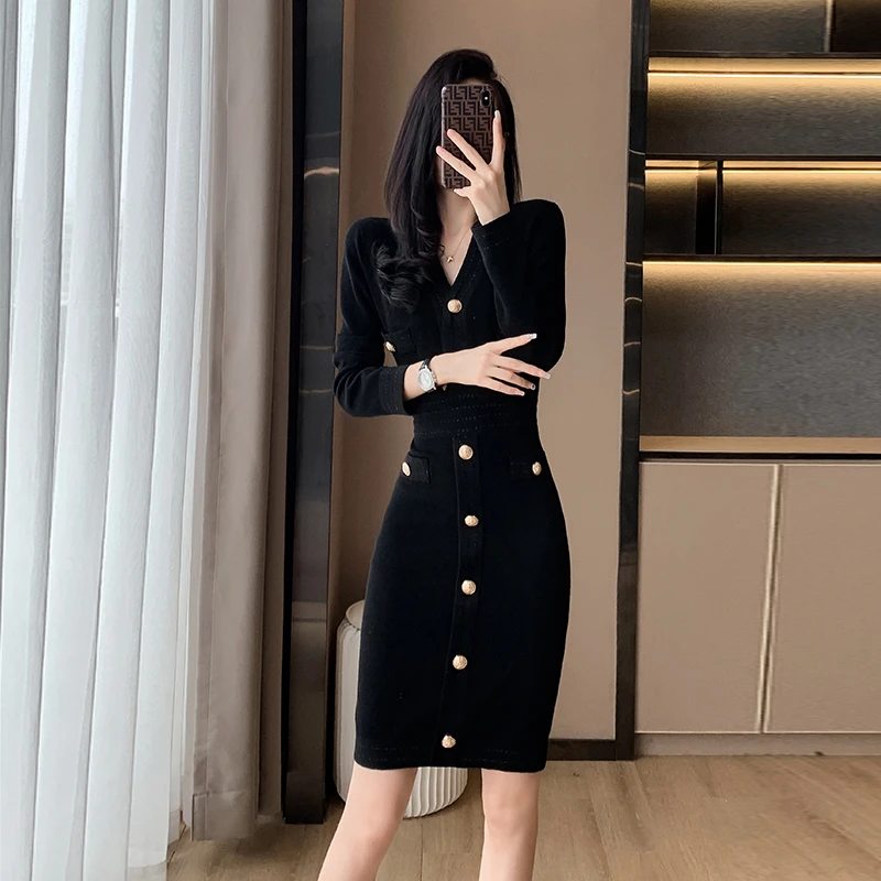 名媛小香风V领高腰修身显瘦连衣裙秋装高级感时尚韩版包臀中长裙