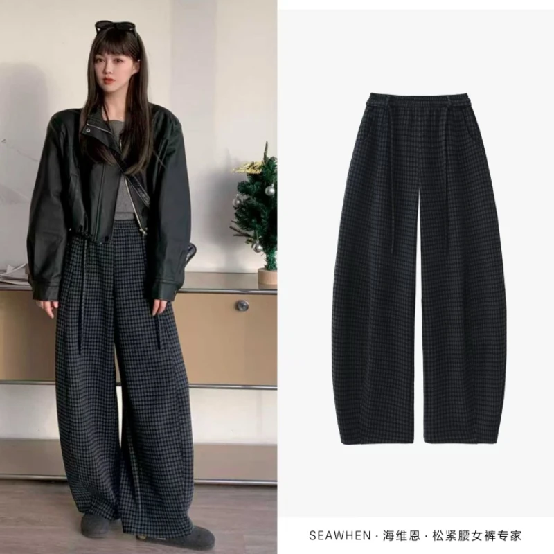 SEAWHEN海维恩冬款加绒锁温格子弯刀阔腿裤休闲显瘦高腰女裤3845