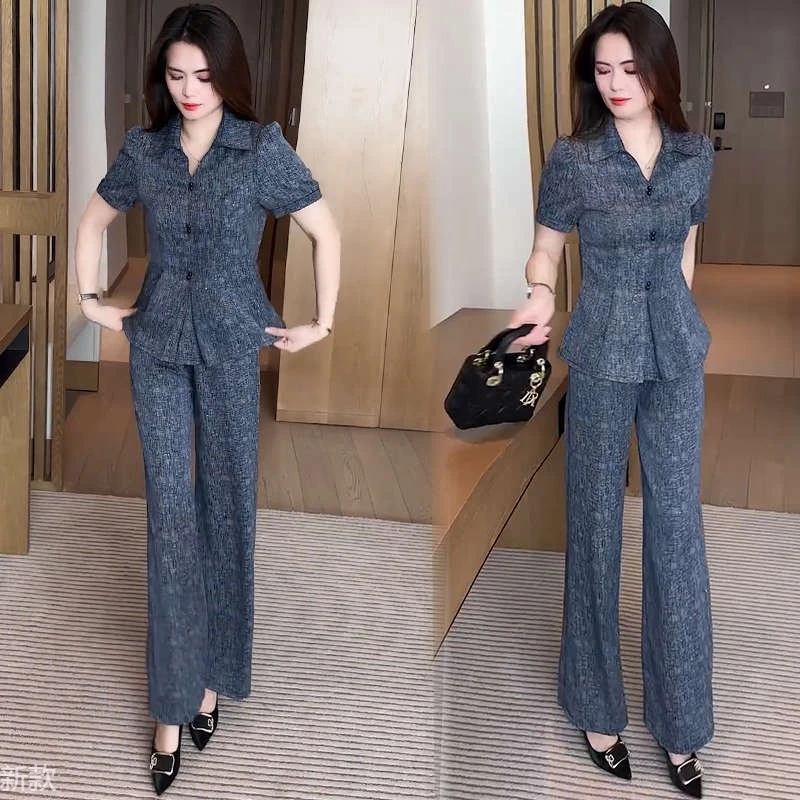 时尚套装女夏季新款洋气质收腰减龄显瘦烫钻工艺短袖阔腿裤两件套